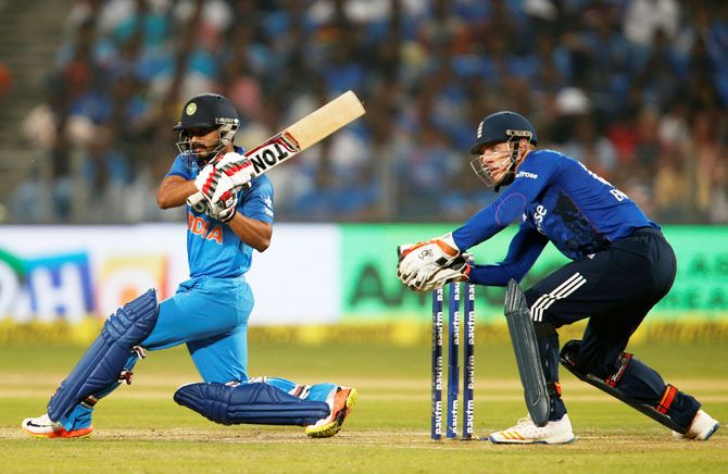 India's Kedar Jadhav plays a shot en route his match-winning century in the first ODI against England on Sunday