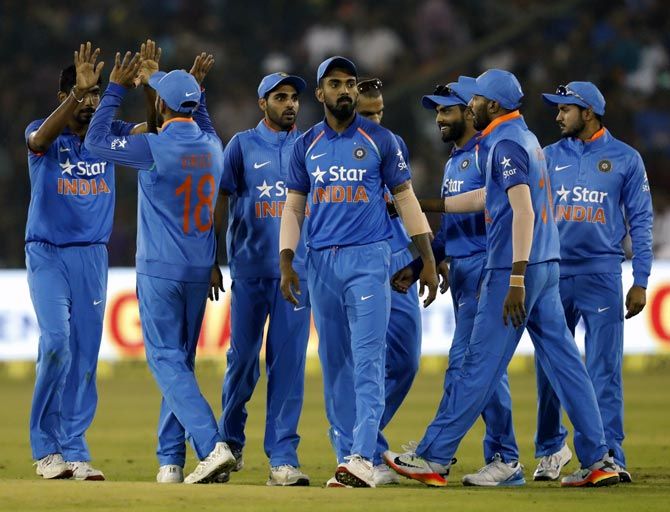 The Indian team celebrate a wicket in the ODI against England in Cuttack. Photograph: BCCI