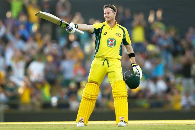 Australia's Steve Smith celebrates his century in game three of the One Day International series against Pakistan at WACA in Perth on Thursday