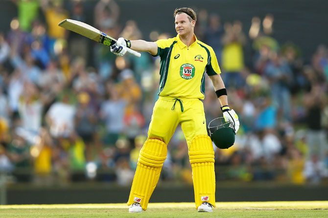 Australia's Steve Smith celebrates his century in game three of the One Day International series against Pakistan at WACA in Perth on Thursday
