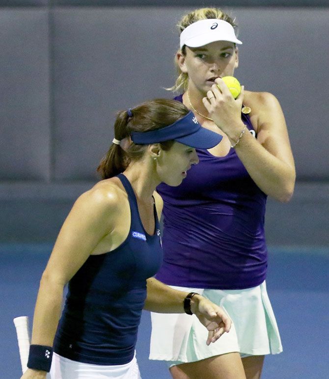 Switzerland's Martina Hingis and USA'a CoCo Vandeweghe during the China Open in Wuhan