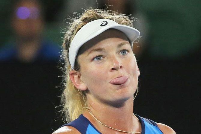 Coco Vandeweghe reacts during her third round match against Canada's Eugenie Bouchard at the Australian Open on Friday