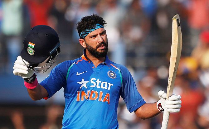 Yuvraj Singh celebrates on reaching his century against England during the 2nd ODI in Cuttack on Thursday