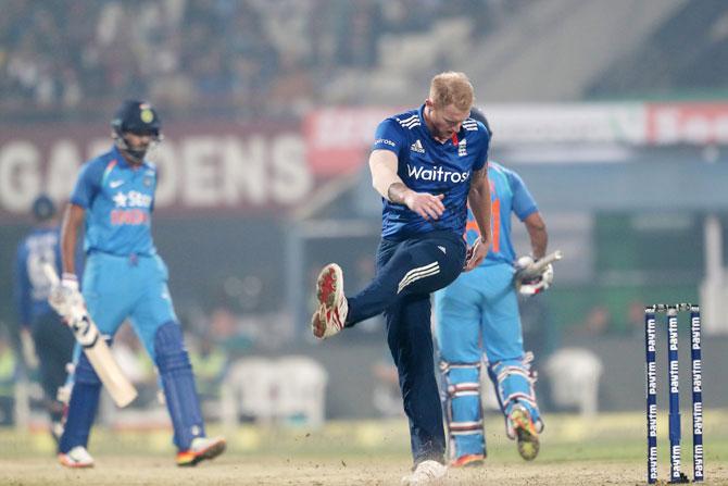 Ben Stokes of England shows his frustration after being belted all over the field by the Indian batsmen