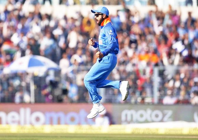 India's captain Virat Kohli celebrates the dismissal of England's Jonny Bairstow during the 3rd ODI at Eden Gardens in Kolkata on Sunday