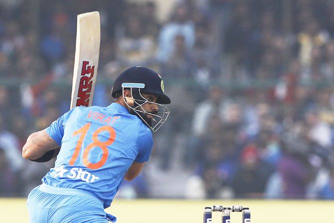 Virat Kohli plays a shot during the first T20 International against England at Green Park Stadium in Kanpur on Thursday