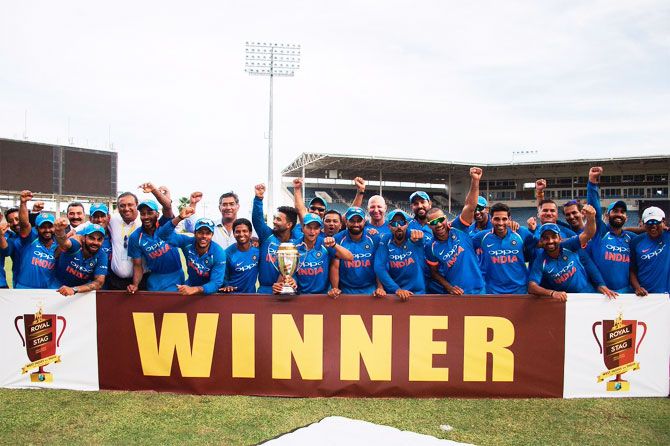 The Indian cricket team celebrates after clinching the ODI series against West Indies in Kingston, Jamaica, on Thursday