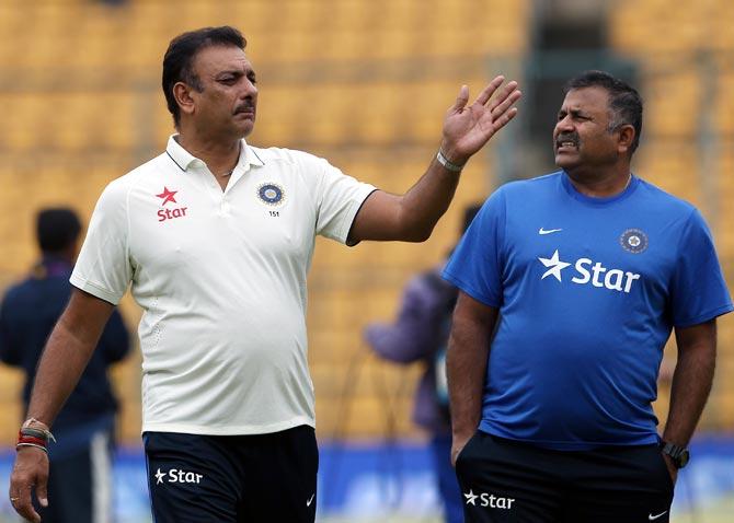 India's Head coach Ravi Shastri and bowling coach Bharat Arun