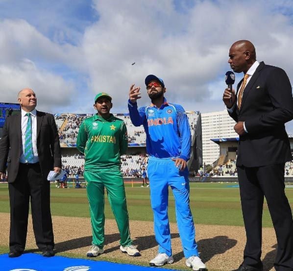 India and Pakistan Captains Virat Kohli and Sarfaraz Ahmed at the toss before the opening game in the Champions Trophy, June 5, 2017. Photograph: ICC/Twitter