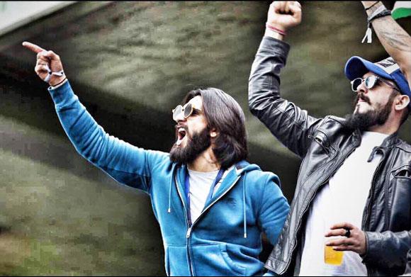 Actor Ranveer Singh cheers on the Indian team during the match against Pakistan on Sunday