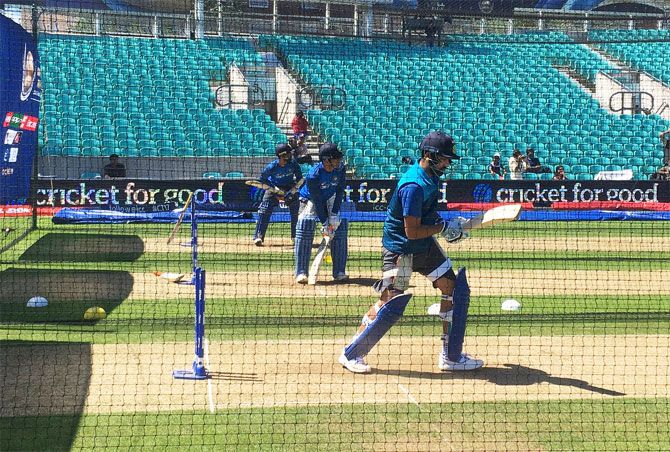 India batsmen go through the grind at the nets at the Oval in London on Saturday, the eve of their Champions Trophy match 
