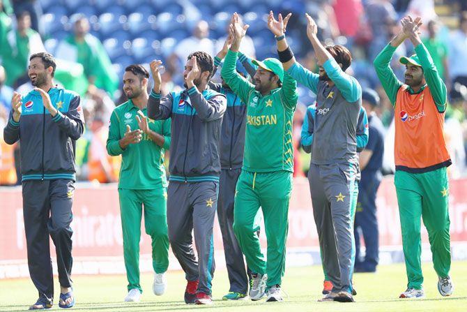 Pakistan players take a lap of honour after beating England in the Champions Trophy semi-final at Sophia Gardens in Cardiff, Wales on Wednesday