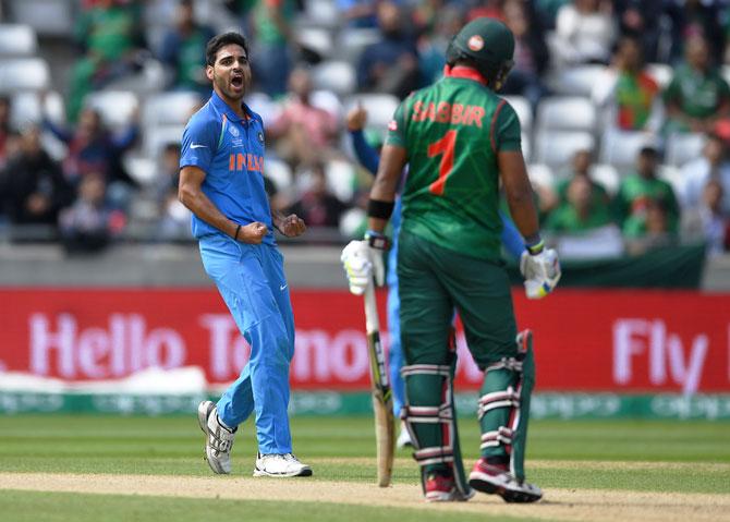 Bhuvneshwar Kumar celebrates after dismissing Sabbir Rahman