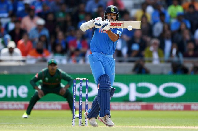 Shikhar Dhawan in action in the Champions Trophy semi-final against Bangladesh, June 15, 2017. Photograph: Gareth Copley/Getty Images