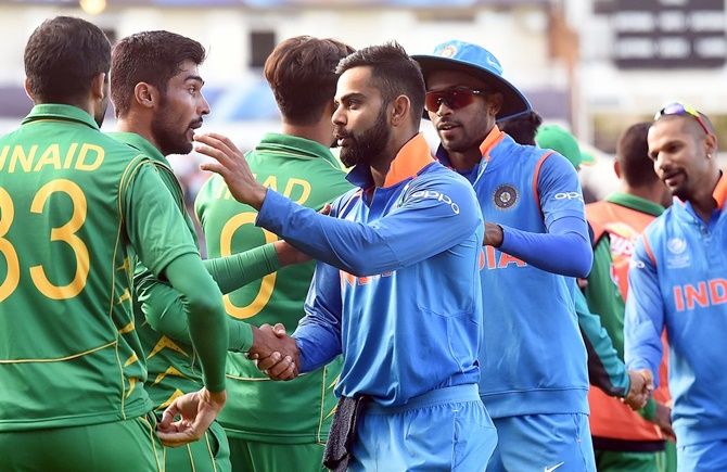 India Captain Virat Kohli greets a Pakistan player at the end of the Birmingham game, June 4, 2017. Photograph: ICC