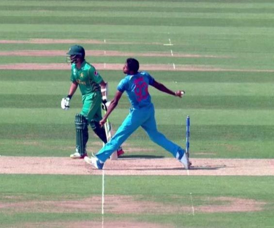 India's Jasprit Bumrah bowls a no-ball granting a life to Azhar Ali
