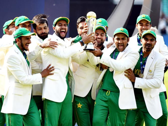  Pakistan's players celebrate after winning the ICC Champions Trophy, June 18, 2017. Photograph: Gareth Copley/Getty Images