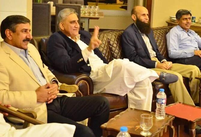 Pakistan army chief General Qamar Javed Bajwa flashes the V sign after the Pakistan cricket team defeated India in the Champions Trophy final.