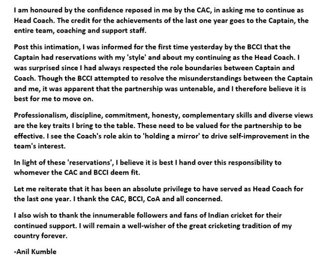 Kumble's statement