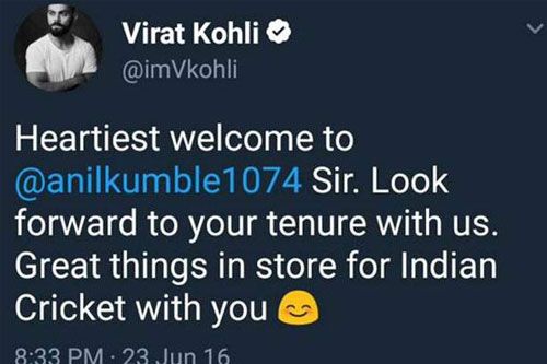 Virat Kohli's tweet on June 23, 2016, welcoming Anil Kumble as India's coach.