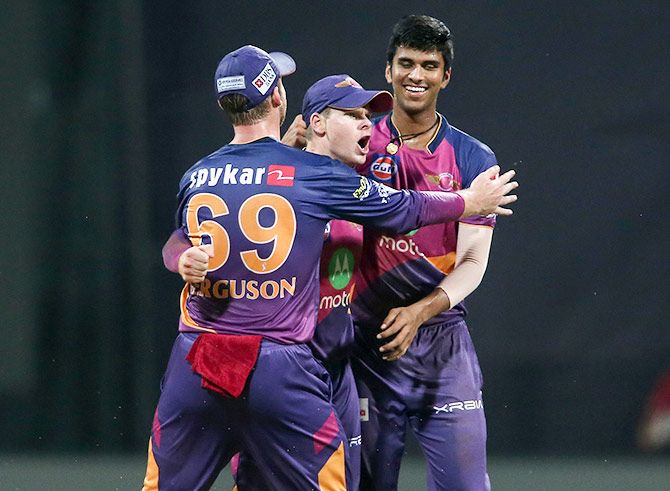 Lockie Ferguson and Rising Pune Supergiant Captain Steven Smith celebrate with Washington Sundar after the young spinner takes a wicket in an IPL 2017 game. Photograph: Shaun Roy/Sportzpics, IPL