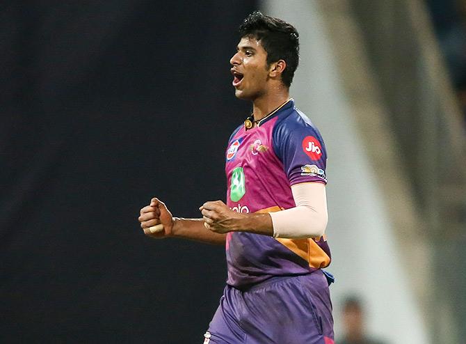 Washington Sundar celebrates getting Ambati Rayudu out in an IPL 2017 game. Photograph: Shaun Roy/Sportzpics, IPL