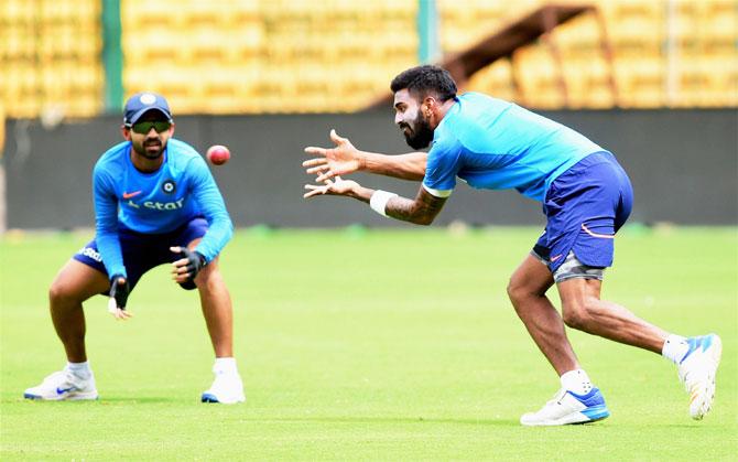 KL Rahul and Ajinkya Rahane at a practice session in Bengaluru on Thursday