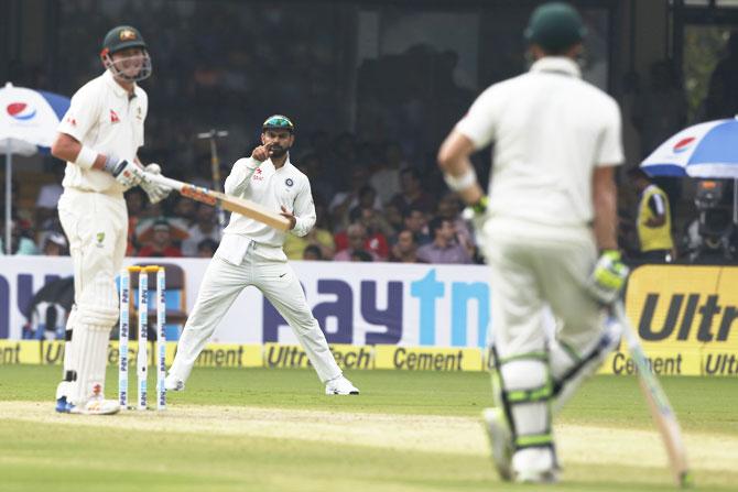 India captain Virat Kohli exchanges words with his Australian counterpart Steven Smith on Day 2 of the second Test match held at the M Chinnaswamy Stadium in Bengaluru on Sunday