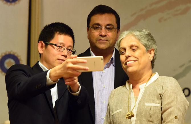 Diana Eduljee, former India women's team captain and member of the Committee of Administrators at the event where OPPO mobiles was named as Team India's sponsor 