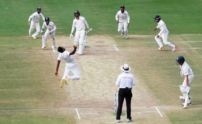 India's Ravichandran Ashwin (3rd from left) celebrates with teammates after winning the 2bd Test match against Australia on Tuesday