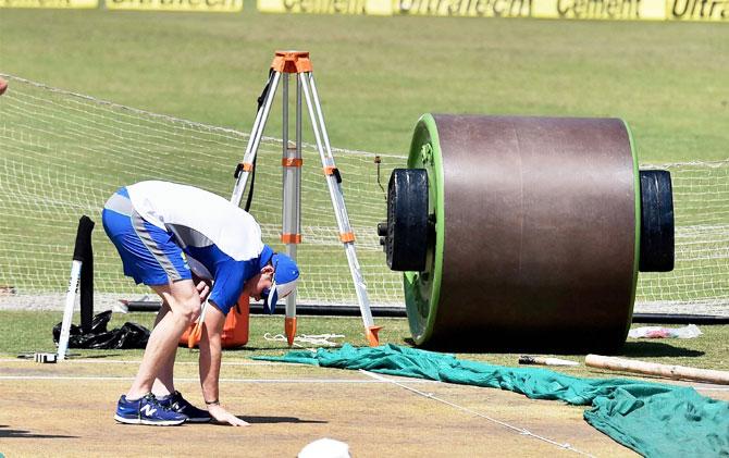 Australia captain Steve Smith inspects the pitch on the eve of the third Test match in Ranchi on Wednesday