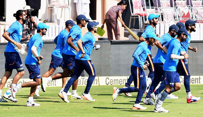 Team India players go through the paces during their practice session in Ranchi on Wednesday