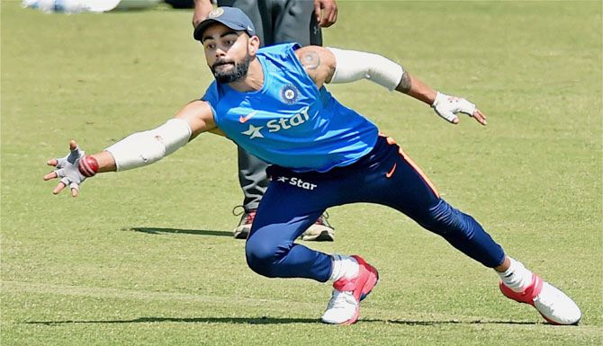 India captain Virat Kohli in full flow during the team's fielding drills in Ranchi on Wednesday