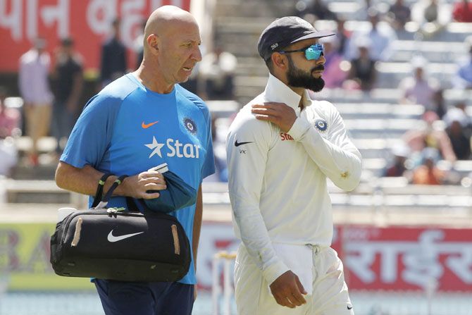  India captain Virat Kohli walks off the field after sustaining an injury on Day 1 of the 3rd Test in Ranchi last week