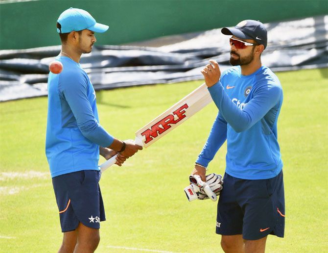 Indian cricket captain Virat Kolhi and Shreyas Iyer at the nets during a practice session on the eve of the fourth and final Test match against Australia at the HPCA Stadium in Dharamsala on Friday