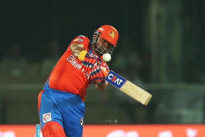 Gujarat Lions' Suresh Raina bats during his innings against Delhi Daredevils on Thursday