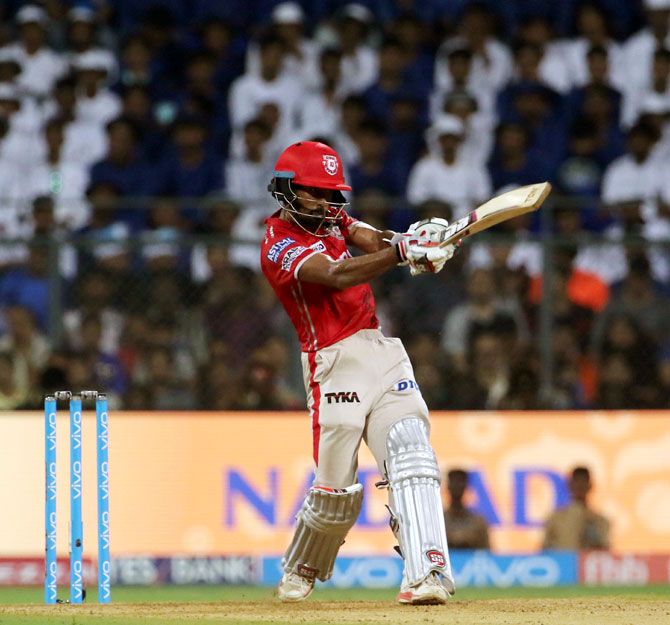 Kings XI Punjab during his innings of 93 not out during the match against Mumbai Indians at the Wankhede in Mumbai on Thursday