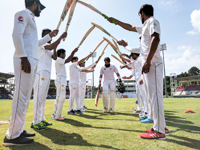 Pakistan captain Misbah-ul-Haq gets a guard of honour on Day 4 of the 3rd Test vs West Indies on Saturday