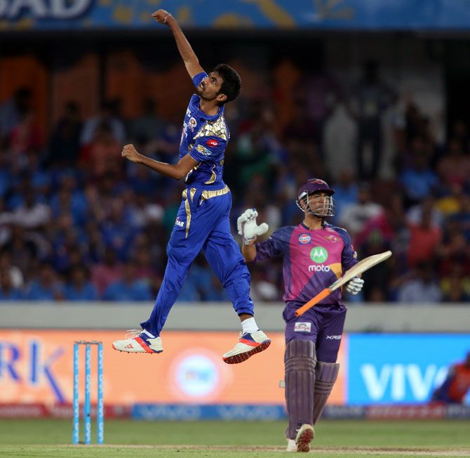Mumbai Indians fast bowler Jasprit Bumrah celebrates Pune Supergiant star Mahendra Singh Dhoni's wicket in the IPL final, May 22, 2017. Photograph: BCCI
