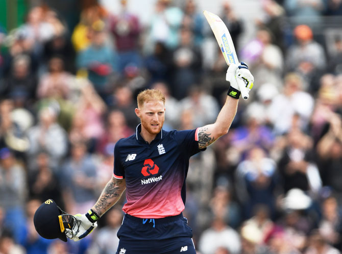 England batsman Ben Stokes celebrates reaching his century during the 2nd One-Day International against South Africa at The Ageas Bowl in Southampton, England, on Saturday