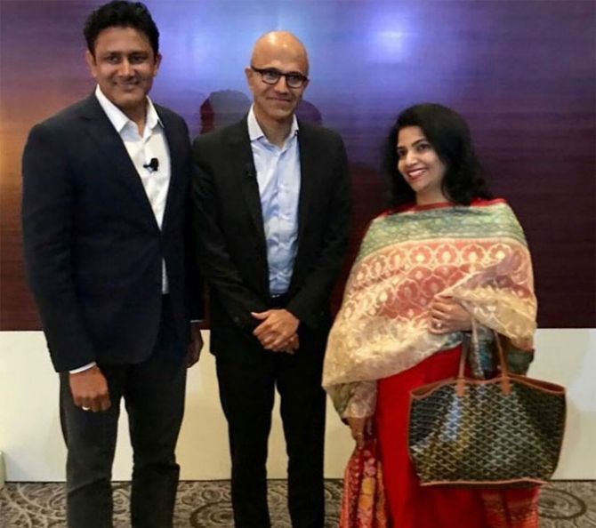 Microsoft CEO Satya Nadella (centre) is flanked by former India head coach and captain Anil Kumble (left) and the latter's wife