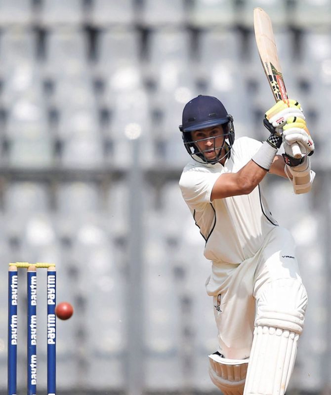 Mumbai's Siddhesh Lad in action during the Ranji Trophy match against Baroda at Wankhede stadium in Mumbai on Sunday