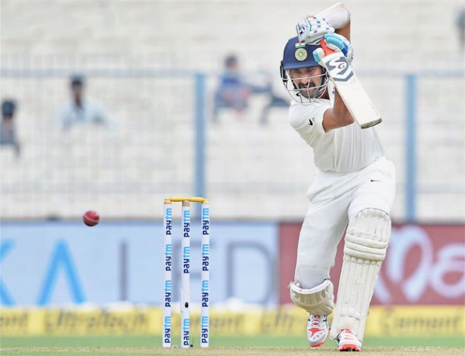 Cheteshwar Pujara bats on Day 2 of the opening Test against Sri Lanka at Eden Gardens on Friday