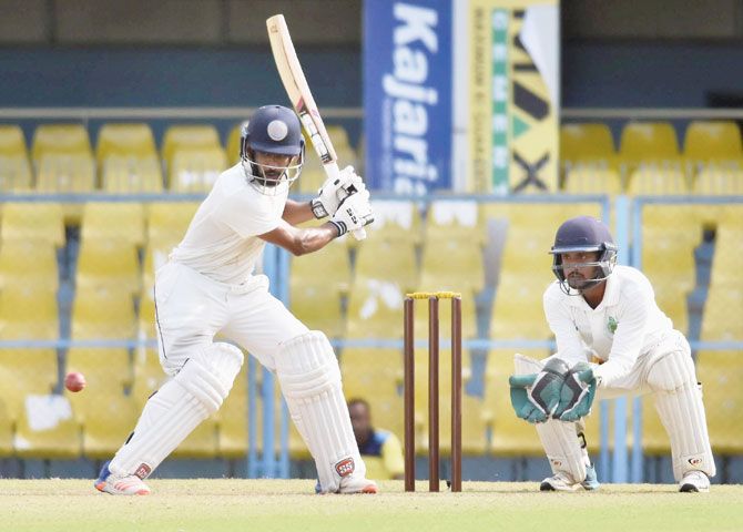 Hyderabad batsman Bavanaka Sandeep plays a shot on the 1st day of the Ranji trophy cricket match against Assam, at ACA Stadium Barsapara, in Guwahati on Friday