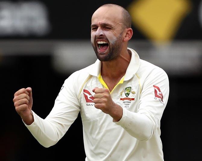 Australia's off-spinner Nathan Lyon celebrates