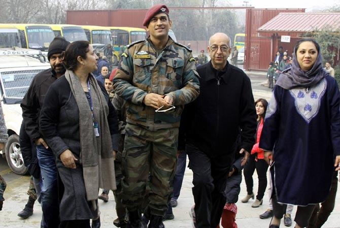 India cricket legend Mahendra Singh Dhoni in Srinagar, November 28, 2017, where he interacted with students at the Delhi Public School. Photograph: Umar Ganie for Rediff.com