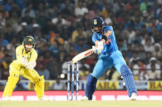 India captain Virat Kohli en route his valuable 39 during the 99-run stand with Rohit Sharma