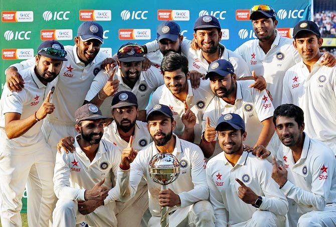 The Indian cricket team with the Test mace 