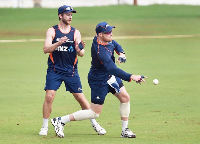 New Zealand captain Kane Williamson and teammate Martin Guptil at a fielding drill at Brabourne stadium in Mumbai on Monday