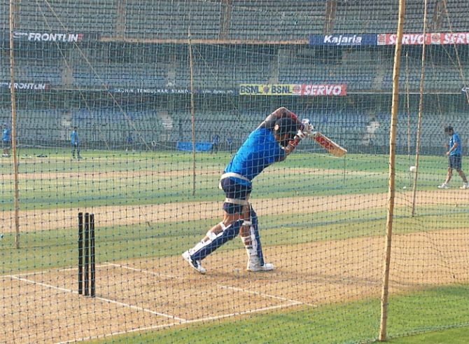 Virat Kohli bats in the nets during the first practice session at the Wankhede Stadium in Mumbai on Friday